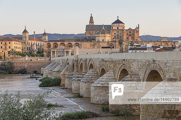 Die Moschee-Kathedrale (Große Moschee von Córdoba) (Mezquita) und die Römische Brücke im ersten Licht  UNESCO-Weltkulturerbe  Córdoba  Andalusien  Spanien