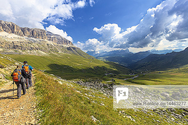 Hikers walk on a path near Pordoi Pass  Fassa Valley  Trentino  Dolomites  Italy