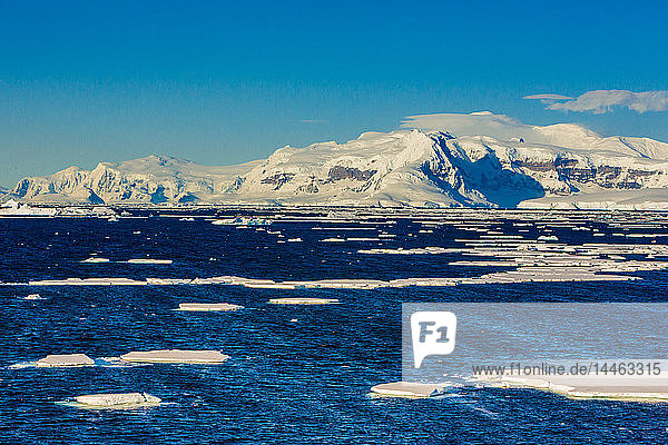 Landschaftlicher Blick auf das Gletschereis und die schwimmenden Eisberge in der Antarktis  Polarregionen