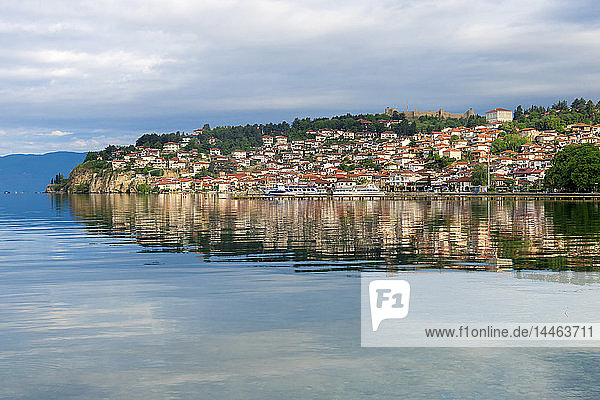 Ohrid old city reflected in Lake Ohrid  UNESCO World Heritage Site  Macedonia