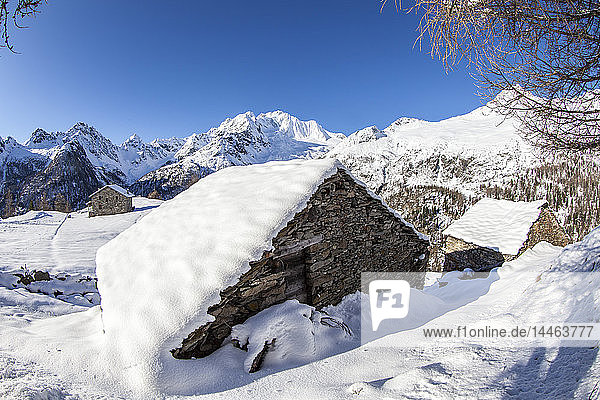 Hut covered with snow with Monte Disgrazia on background Alpe dell'Oro Valmalenco Valtellina Lombardy Italy