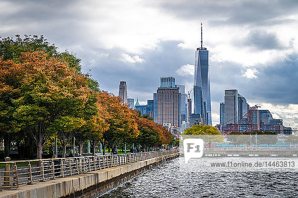 Herbstfarben im Lower Manhattan's Hudson River Park mit Blick auf das One World Trade Centre  New York  Vereinigte Staaten von Amerika  Nordamerika