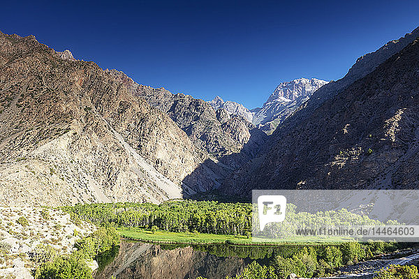 Oase mit Bäumen unterhalb der Berge  Iskanderkul-See  Fächergebirge  Tadschikistan  Zentralasien
