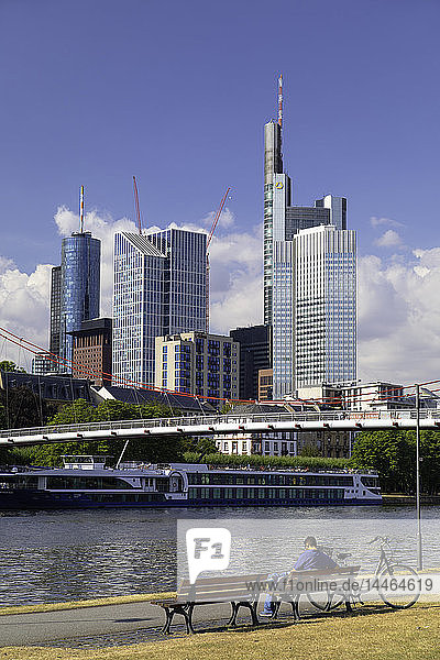 Skyline along River Main  Frankfurt  Hesse  Germany
