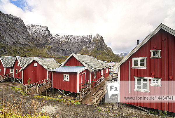 Ikonische rote Fischerhütten (Rorbu)  Reine  Nordland  Lofoten  Norwegen  Europa