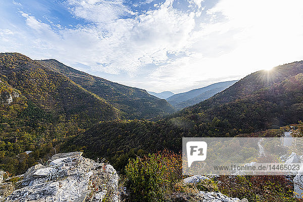 View in the Rhodope mountains from the Church of St. Mary of Petrich  Assen fortress  Asenovgrad  Bulgaria  Europe