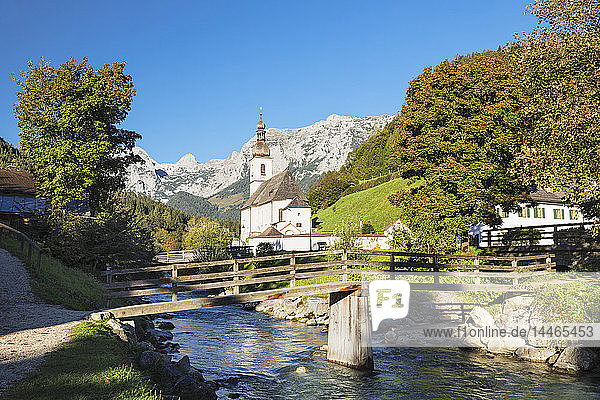 Parish Church  Reiteralpe Mountain  Ramsauer Ache River  Ramsau  Berchtesgadener Land  Upper Bavaria  Bavaria  Germany  Europe