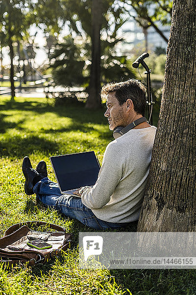 casual businessman sitting on grass in a park  using laptop