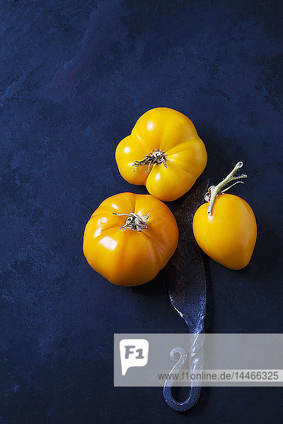 Drei Tomaten 'Golden Jubilee' und ein Messer auf dunklem Hintergrund