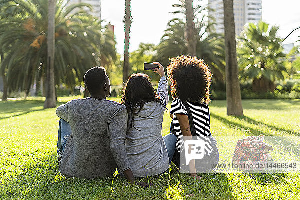 Drei Freunde sitzen in einem Park  sehen sich den Sonnenuntergang an  machen ein Selfie