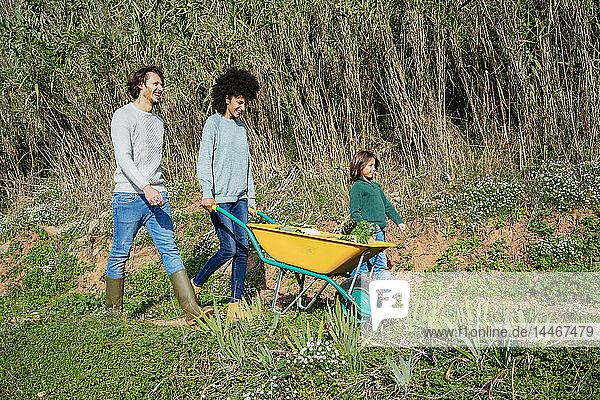 Familie geht auf einem Feldweg  schiebt Schubkarre