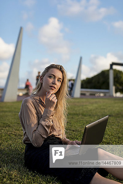Young businesswoman sitting on a meadow using laptop