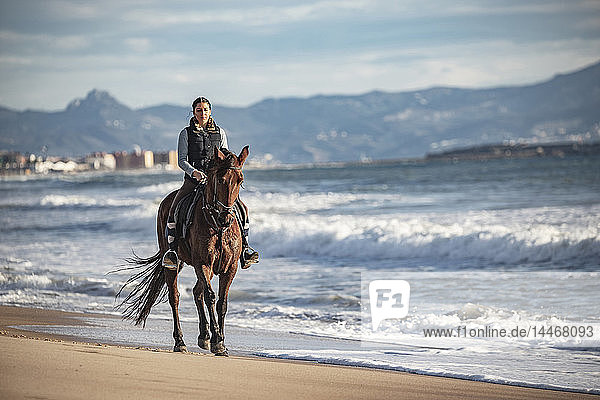 Spain  Tarifa  woman riding horse on the beach