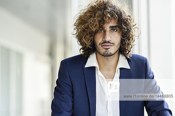 Portrait of young businessman with beard and curly hair