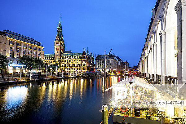 Germany  Hamburg  City Hall and Little Alster at blue hour