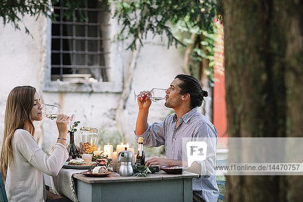 Couple having a romantic candlelight meal drinking from wine glasses
