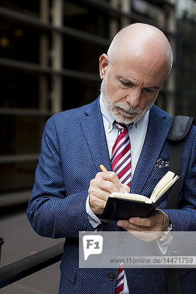 Leitender Geschäftsmann schreibt im Freien in Tagebuch