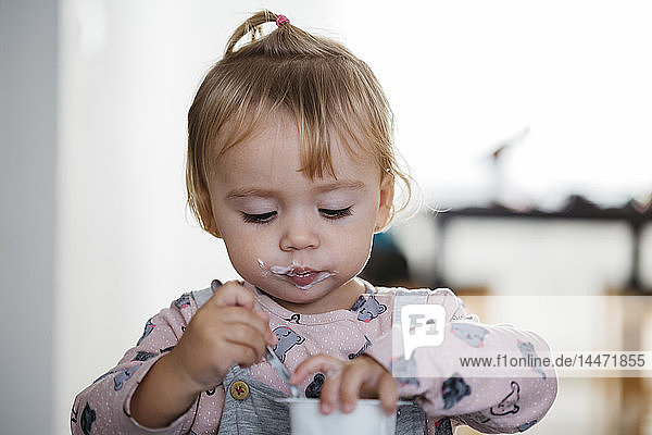 Porträt eines kleinen Mädchens  das zu Hause Joghurt isst