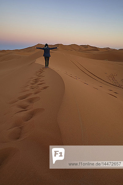Morocco  back view of woman standing on desert dune at twilight