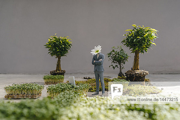 Geschäftsmann-Figur mit Blumenkopf stehendem Park