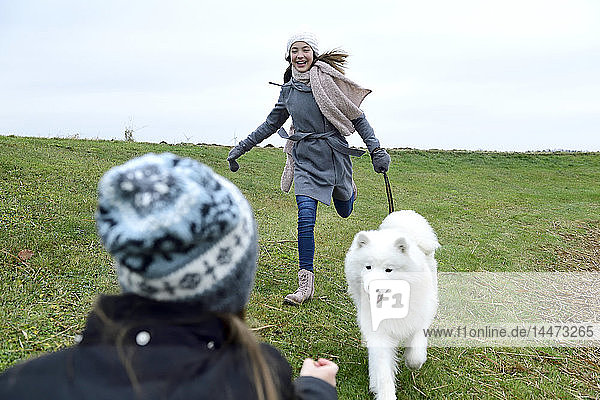 Zwei Mädchen haben Spaß mit Hund im Freien