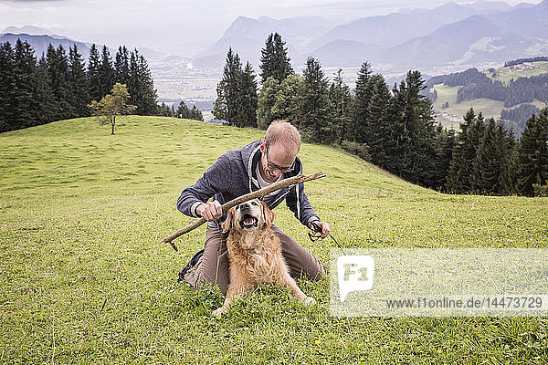 Österreich  Tirol  Kaisergebirge  Mann spielt mit Hund auf Almwiese