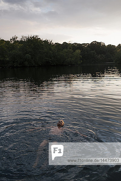 Älterer Mann schwimmt bei Sonnenuntergang in einem See