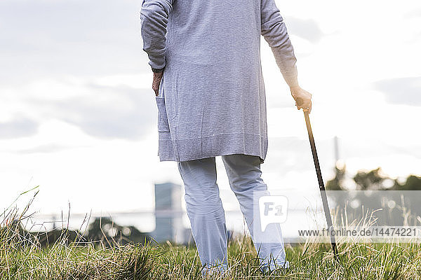 Back view of senior woman standing on a meadow
