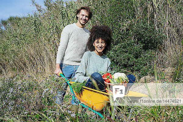 Woman sitting in wheelbarrow  holding fresh vegetables  man pushing her