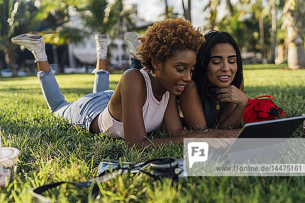 Two female friends relaxing in a park using a tablet