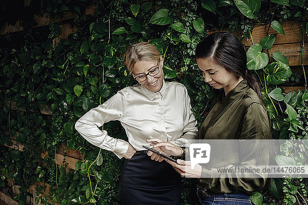 Zwei Geschäftsfrauen im grünen Büro schauen auf das Tablett
