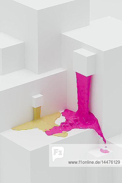 Rosa und gelbe Farbe die auf abstrakten 3D-Eckformen fließt