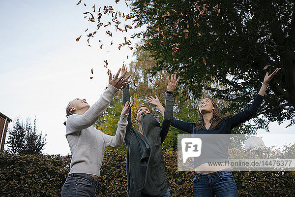 Sorglose Mutter mit zwei Teenager-Mädchen  die Herbstblätter in den Garten werfen