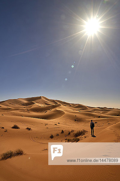 Morocco  Sahara  man with backpack standing on desert dune looking at view