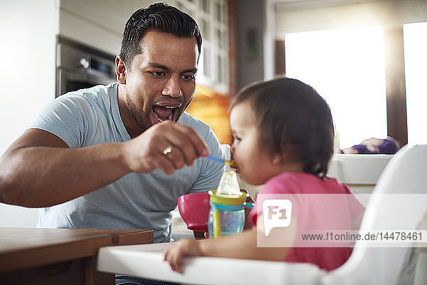Father feeding baby girl sitting in high chair at home