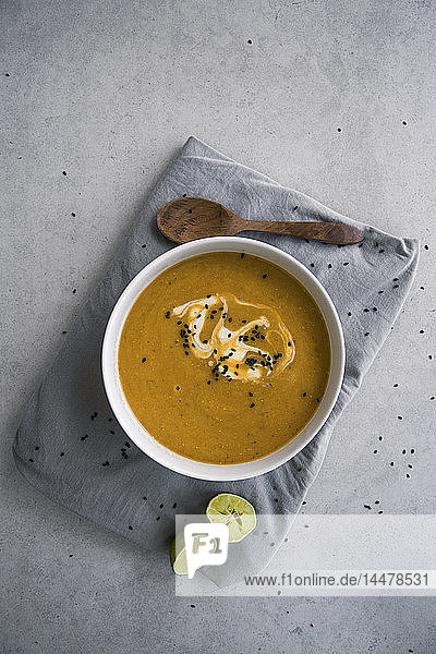 Lentil soup with sweet potato and bread  from above