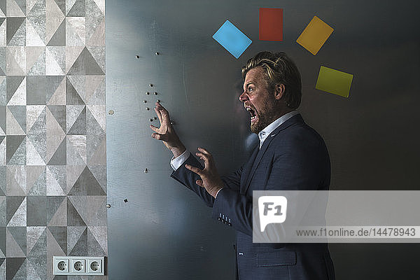 Businessman standing in front of magnet wall with a colorful headdress  made from sticky notes  roaring