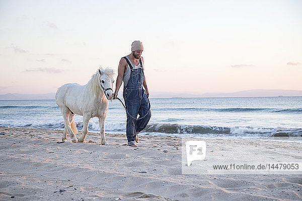 Spanien  Tarifa  Mann geht mit Pony am Strand spazieren