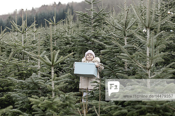 Mädchen trägt Geschenkkarton auf einer Weihnachtsbaumplantage