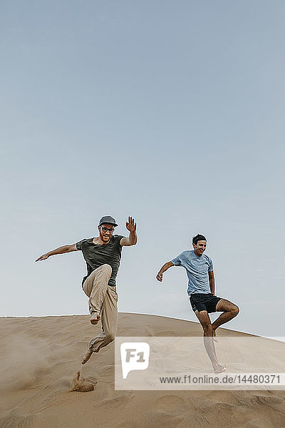 Namibia  Namib  two friends jumping down desert dune