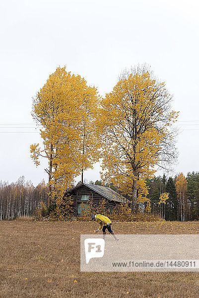 Finnland  Kuopio  Frau in gelber Regenjacke sammelt Herbstblätter