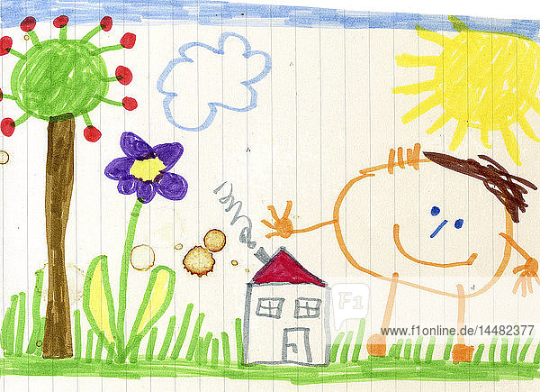 Kinderzeichnung  glückliches Kind  Haus und Garten