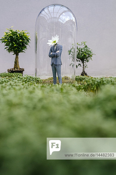 Geschäftsmann-Figur mit Blumenkopf stehendem Park unter Glocke