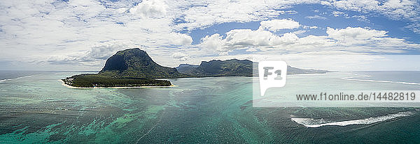 Mauritius  Southwest Coast  view to Indian Ocean  Le Morne with Le Morne Brabant  natural phenomenon  underwater waterfall  aerial view