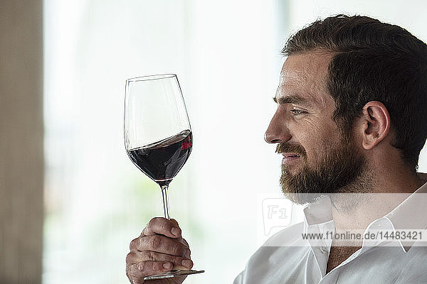 Mittlerer erwachsener Mann hält Rotweinglas