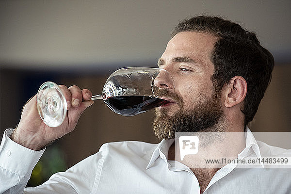 Mid adult man drinking red wine
