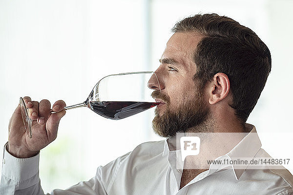 Mid adult man holding red wine glass