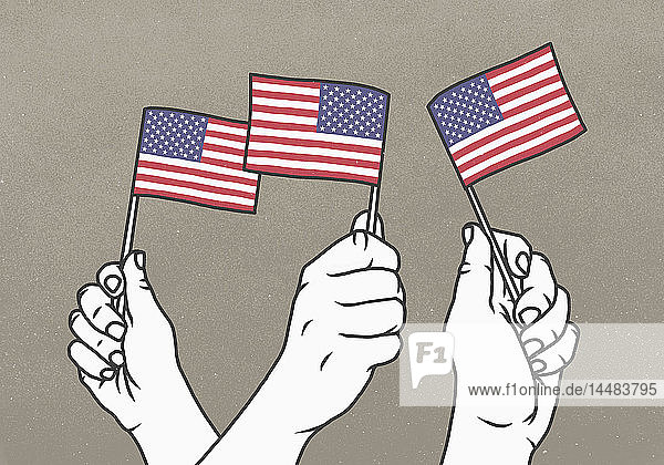 Hände  die kleine amerikanische Flaggen schwenken