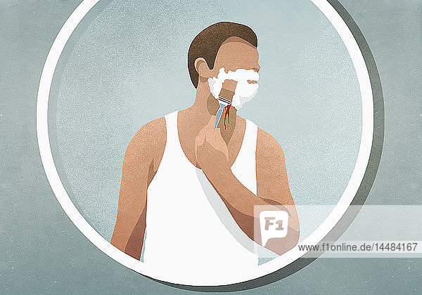 Mann rasiert sein Gesicht  blutend im Spiegel