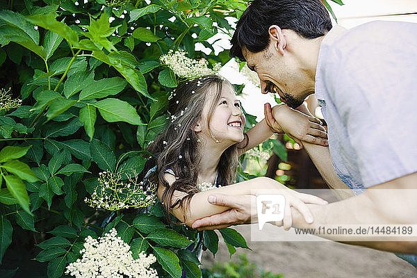 Glücklicher Vater hält seine Tochter an einem blühenden Busch an der Hand